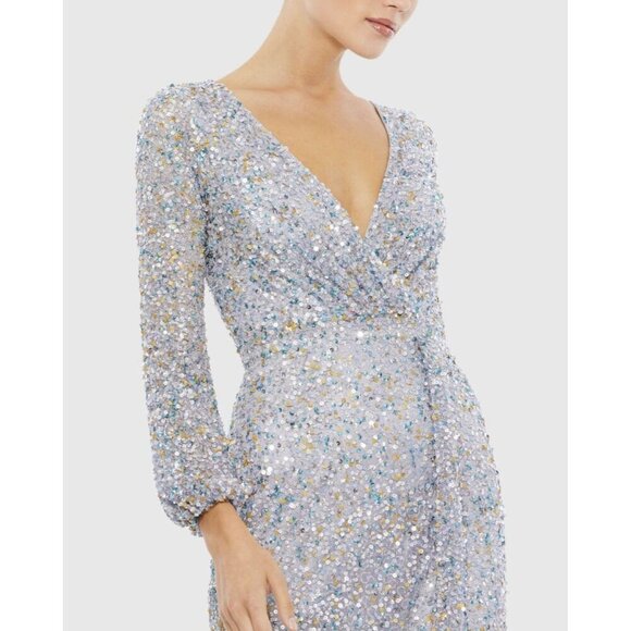 Mac Duggal Size 2 Silver 5213 SEQUIN LONG SLEEVE Wrap Formal GOWN Dress $498 - Picture 2 of 11
